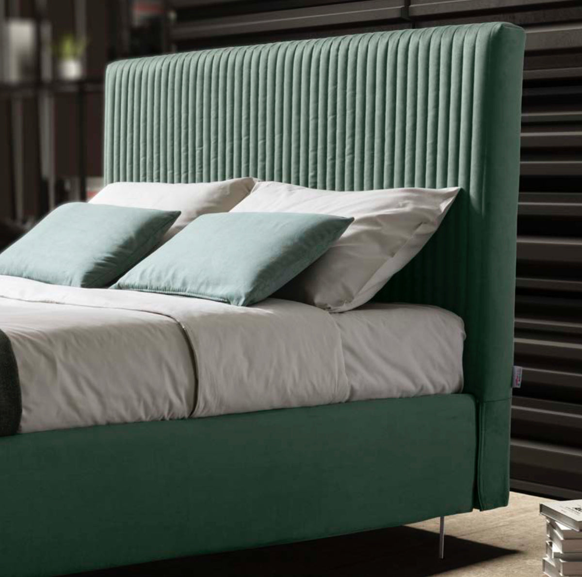 Letto singolo Luna, Letto contenitore con rivestimento in tessuto, 100